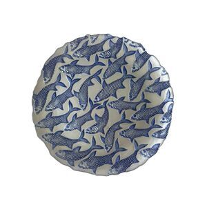 Glass serving decorative plate with blue fish pattern on silver background‎ New